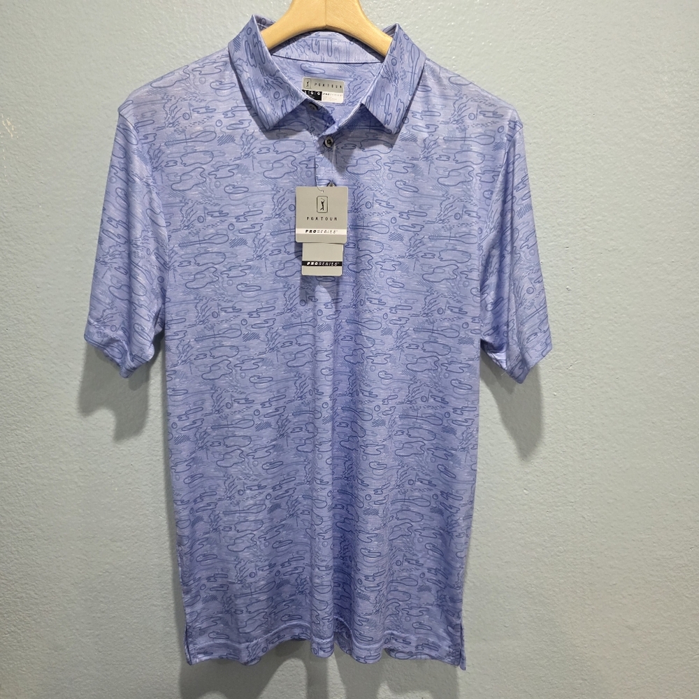 PGA Tour Men's Patterned Light Blue Polo Size L.